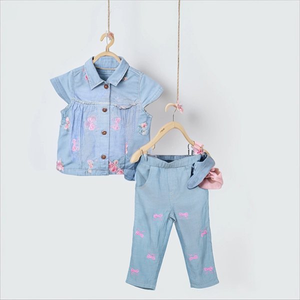 Embroidered Pink Bow Denim Set - Image 2